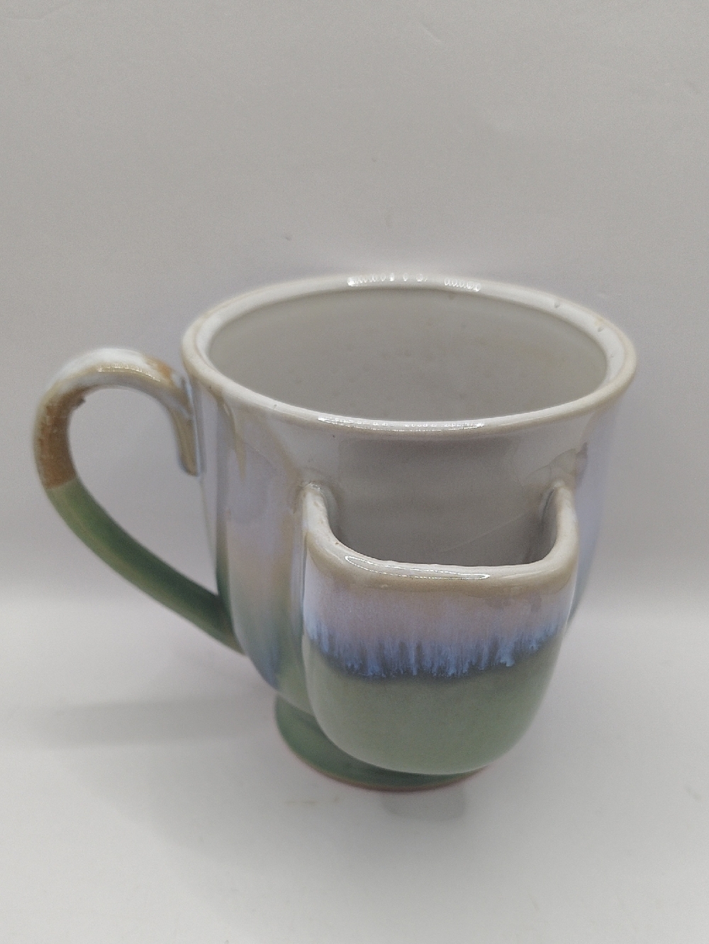 Handmade Ceramic Glazed Stoneware Mug with Tea Bag Pocket - Green, Blue, White